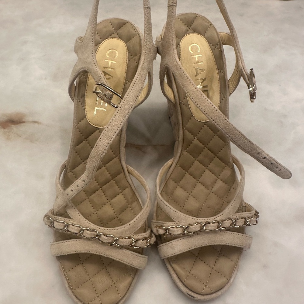 CHANEL Beige Strappy Heels with Chain Detail